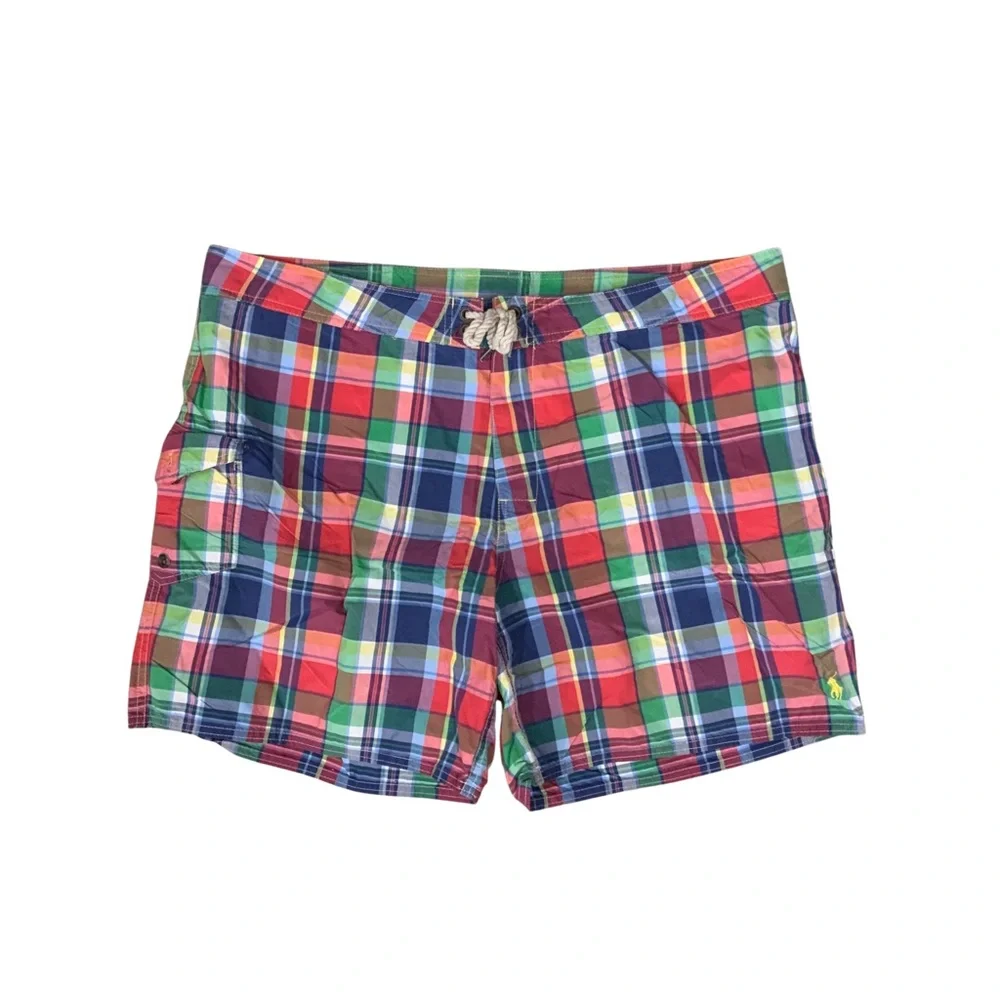 Polo by Ralph Lauren Mens 42 Plaid Swim Trunks Shorts‎ Lined Green Blue Red EUC
